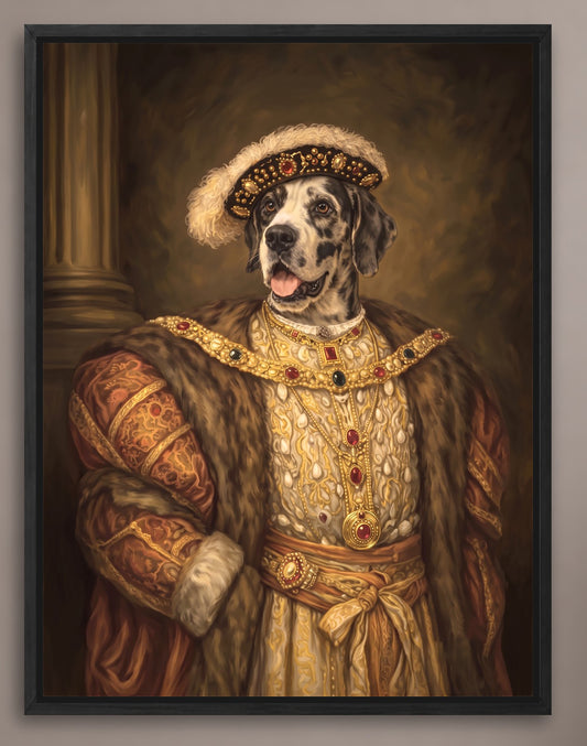 A Dalmatian dog wearing an ornate, regal costume with a fur-trimmed hat and a gold-colored robe, standing in a formal pose.
