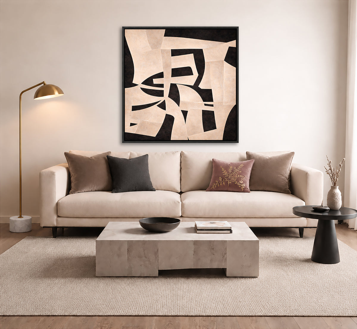 a modern living room with a large abstract painting on the wall above a beige sofa. The sofa is adorned with throw pillows and a coffee table in front of it. The room also includes a floor lamp, a side table, and a rug on the floor.