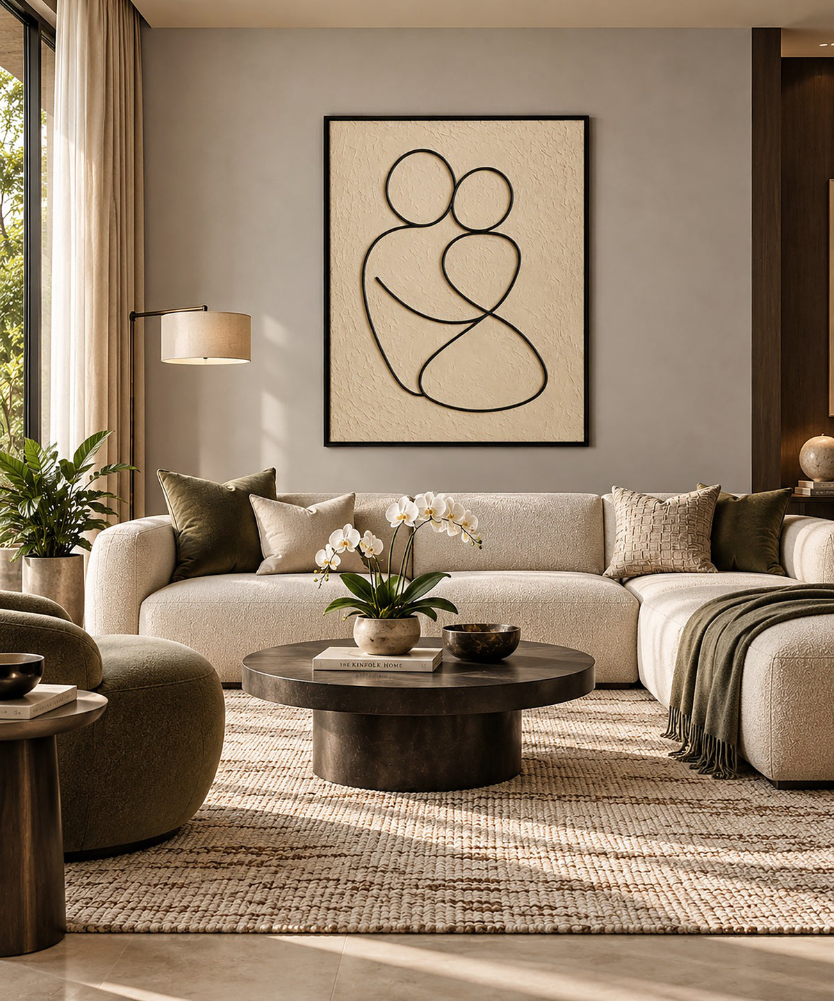 The Embrace original textured abstract wall art with two embracing figures in black linework and warm neutral tones