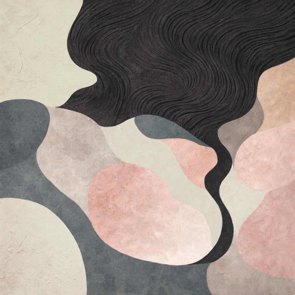 The image is an abstract art piece featuring a dark, wavy shape in the center, surrounded by various shades of pink, gray, and black.