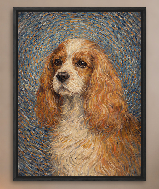 A portrait of a Cavalier King Charles Spaniel dog with a warm, golden-brown coat and expressive eyes, set against a background of swirling blue and orange brushstrokes.