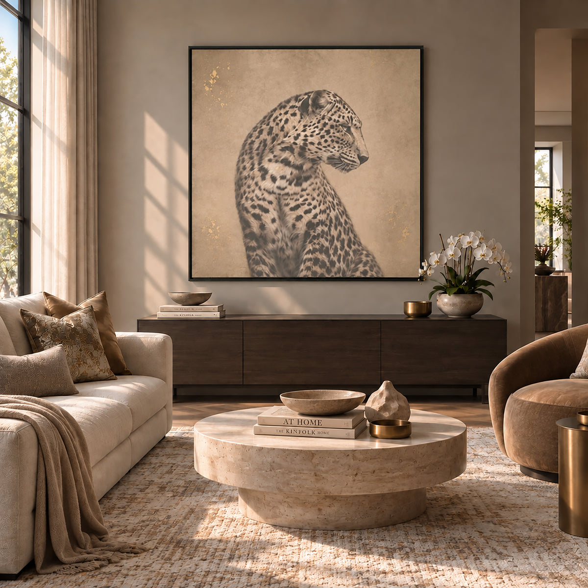 Leopard wildlife wall art in warm neutral tones with subtle gold accents and black floater frame
