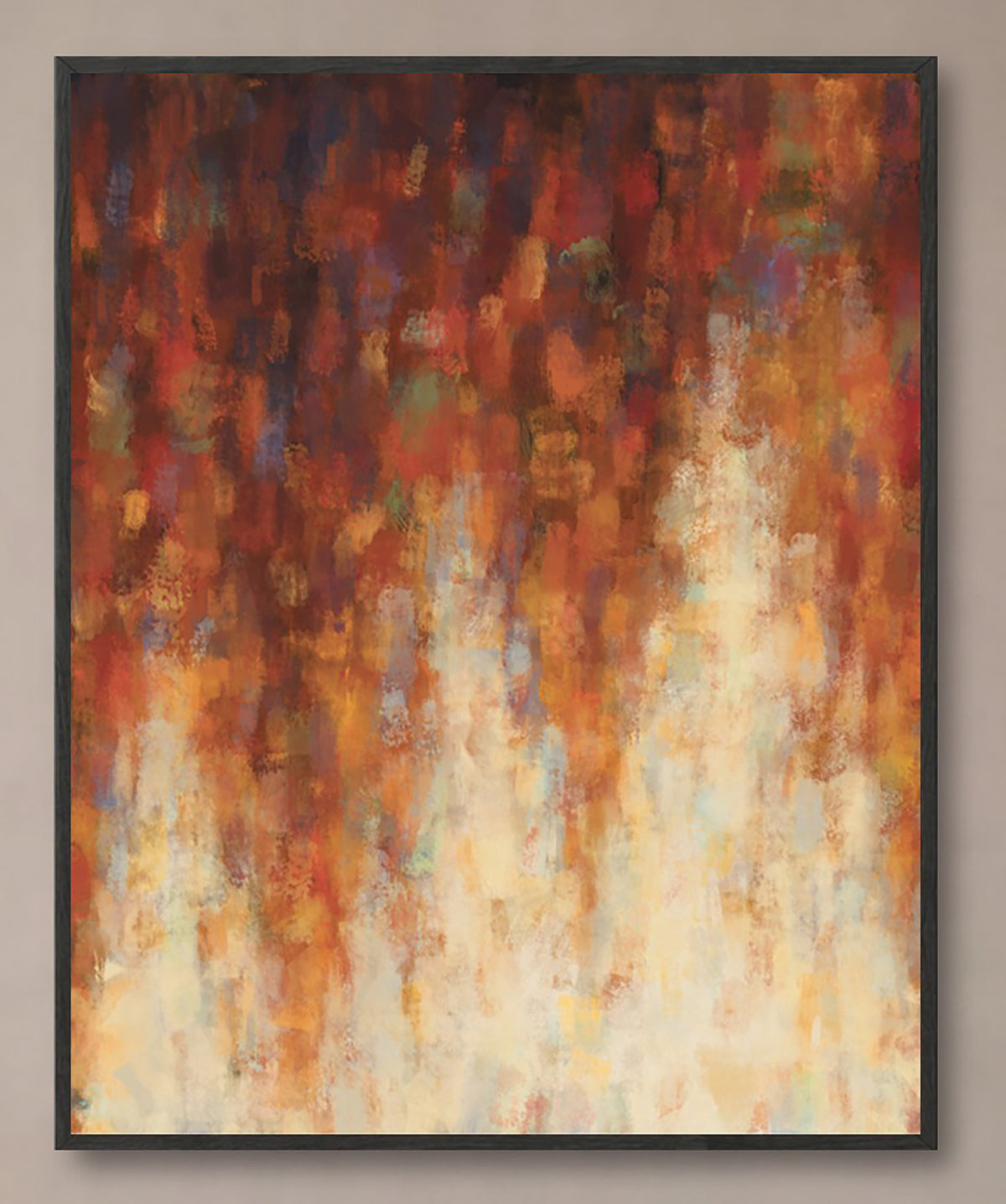The image is an abstract painting with a vibrant mix of warm colors, including shades of orange, red, and yellow, creating a dynamic and energetic composition.
