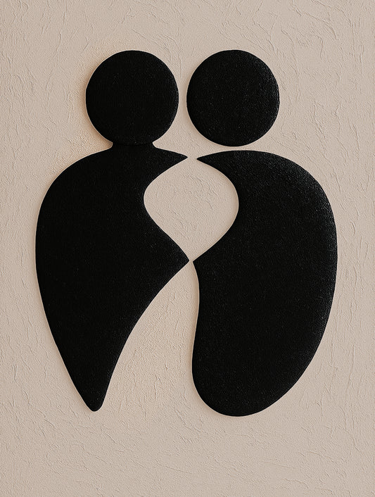 two black silhouettes of people, one on top of the other, against a light background.